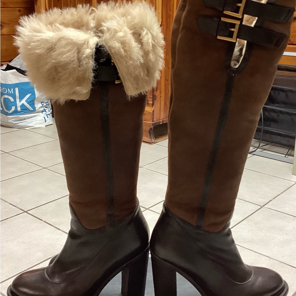 Brown  Knee-High Boots with Fur Trim